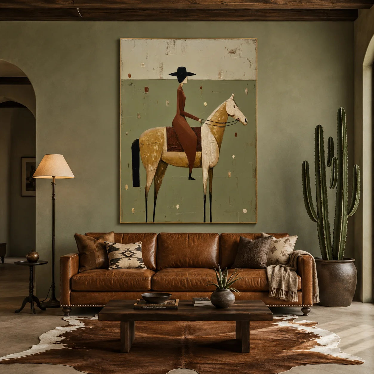 Vintage Sage Green Female Horse Rider Textured Oil Painting – Mid-Century Modern Equestrian Wall Art | Ownanart # OA 1202