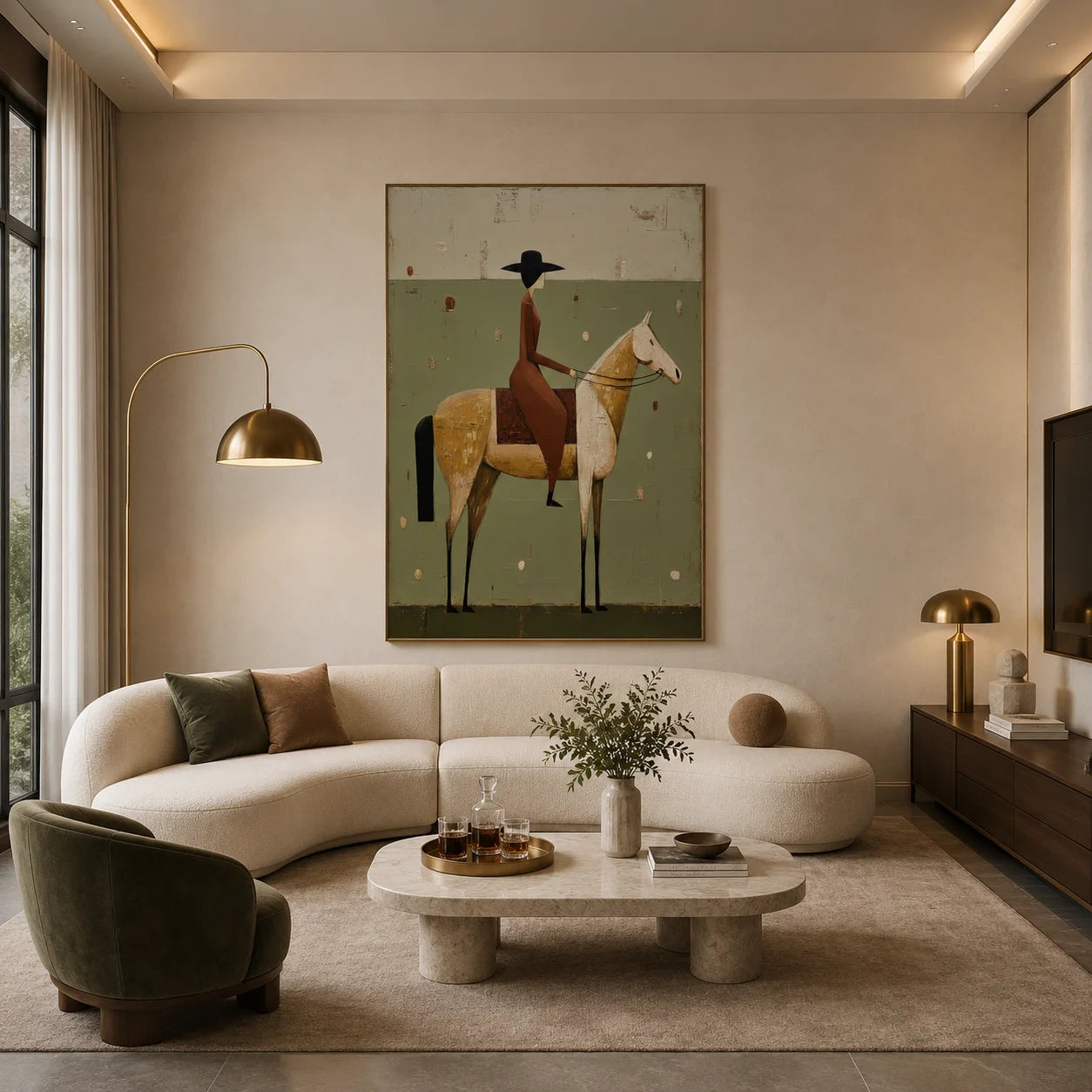 Vintage Sage Green Female Horse Rider Textured Oil Painting – Mid-Century Modern Equestrian Wall Art | Ownanart # OA 1202