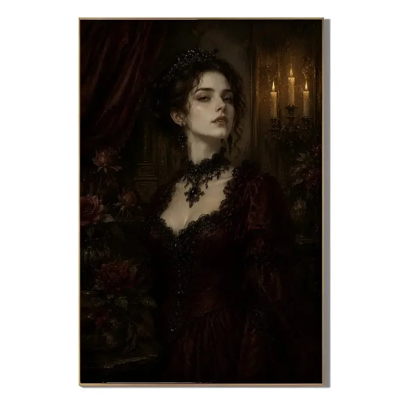 Ownanart Vintage Victorian Gothic Woman Portrait Hand-Painted Oil Painting – Candlelit Burgundy Dress Dark Romantic Vertical Wall Art # OA 1295