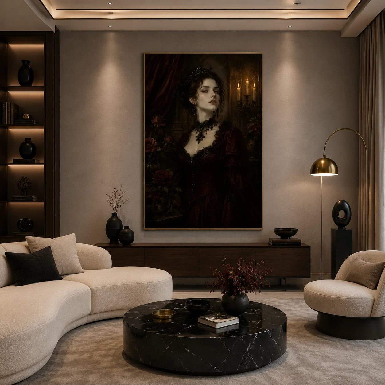 Ownanart Vintage Victorian Gothic Woman Portrait Hand-Painted Oil Painting – Candlelit Burgundy Dress Dark Romantic Vertical Wall Art # OA 1295