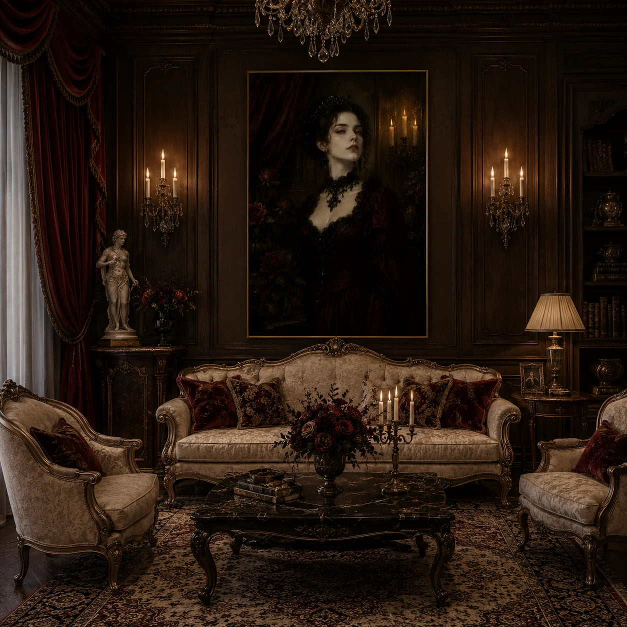 Ownanart Vintage Victorian Gothic Woman Portrait Hand-Painted Oil Painting – Candlelit Burgundy Dress Dark Romantic Vertical Wall Art # OA 1295