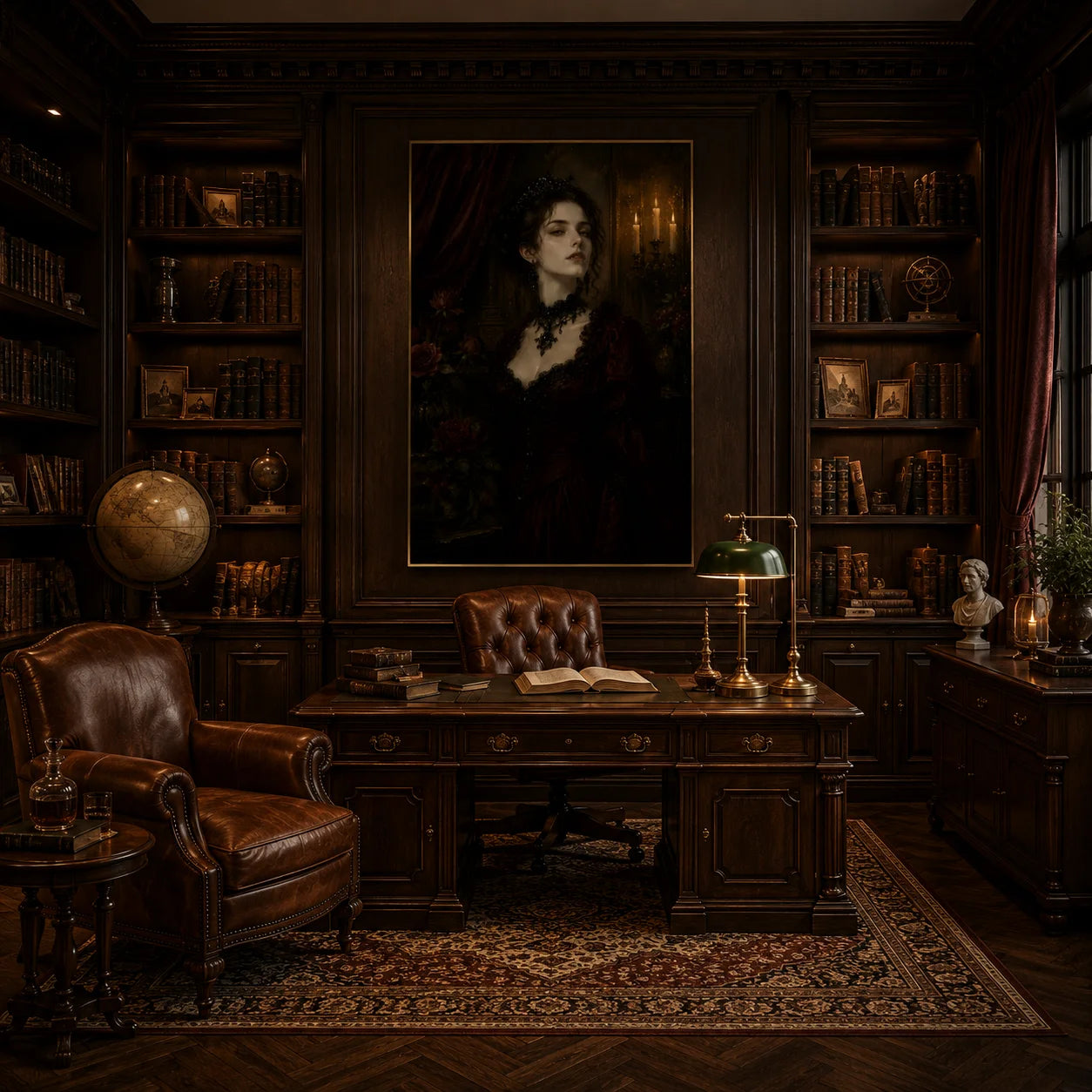 Ownanart Vintage Victorian Gothic Woman Portrait Hand-Painted Oil Painting – Candlelit Burgundy Dress Dark Romantic Vertical Wall Art # OA 1295