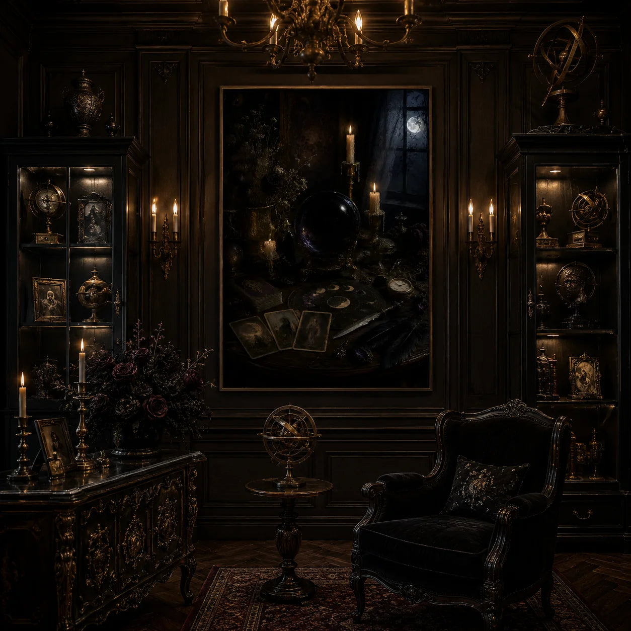 Ownanart Vintage Victorian Gothic Woman Portrait Hand-Painted Oil Painting – Candlelit Burgundy Dress Dark Romantic Vertical Wall Art # OA 1294