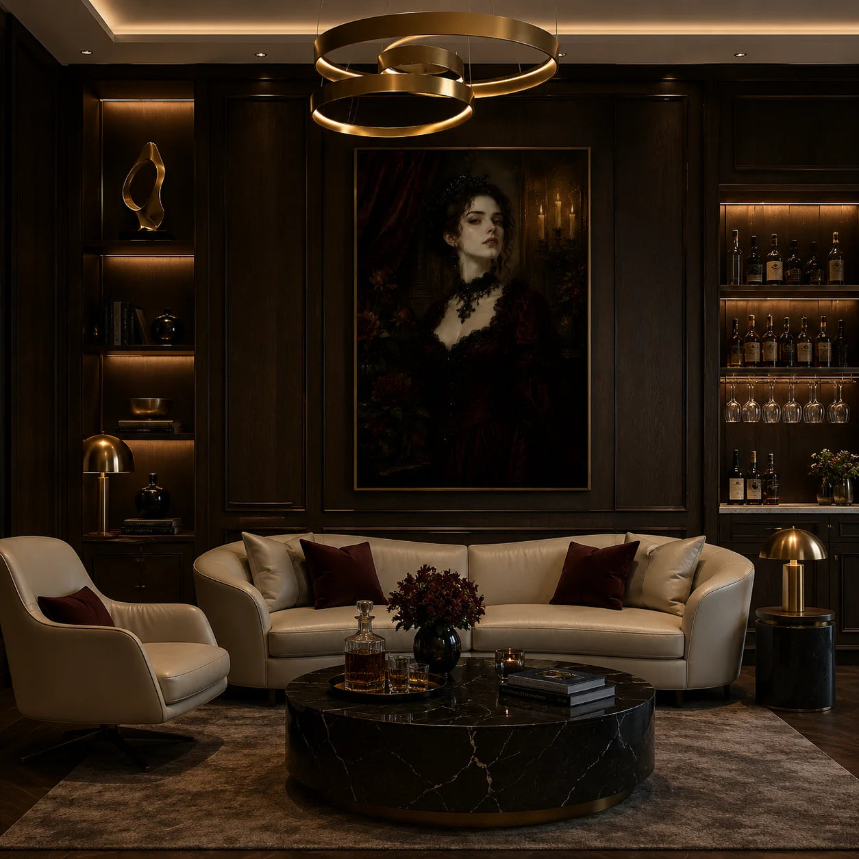 Ownanart Vintage Victorian Gothic Woman Portrait Hand-Painted Oil Painting – Candlelit Burgundy Dress Dark Romantic Vertical Wall Art # OA 1295