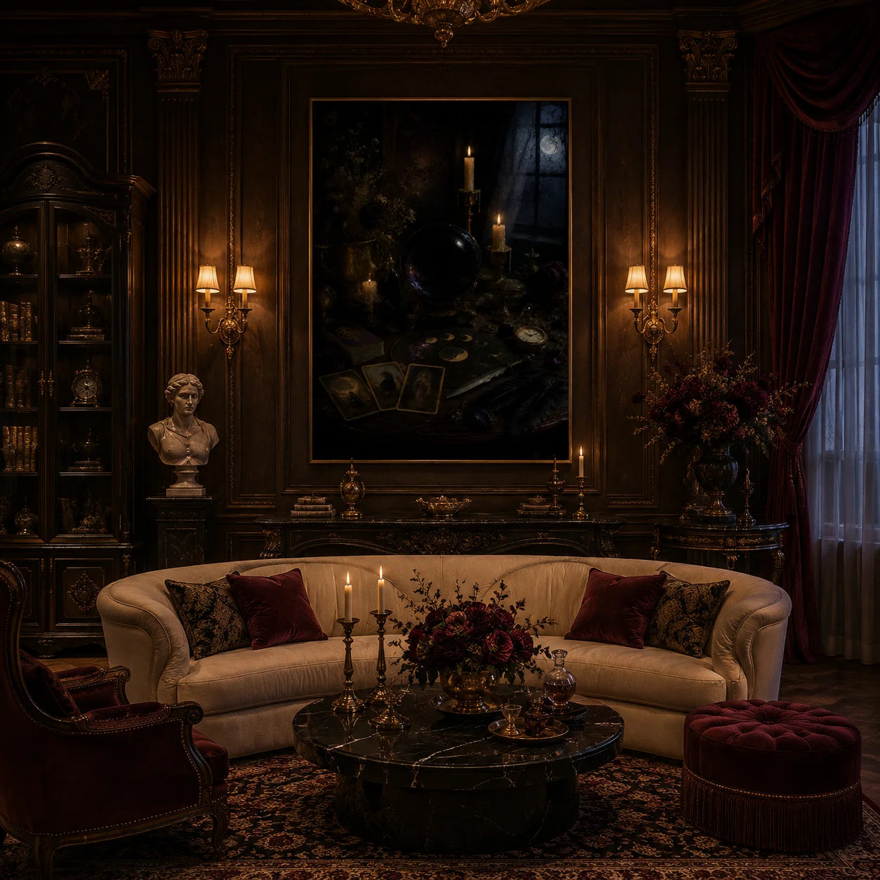 Ownanart Vintage Victorian Gothic Woman Portrait Hand-Painted Oil Painting – Candlelit Burgundy Dress Dark Romantic Vertical Wall Art # OA 1294