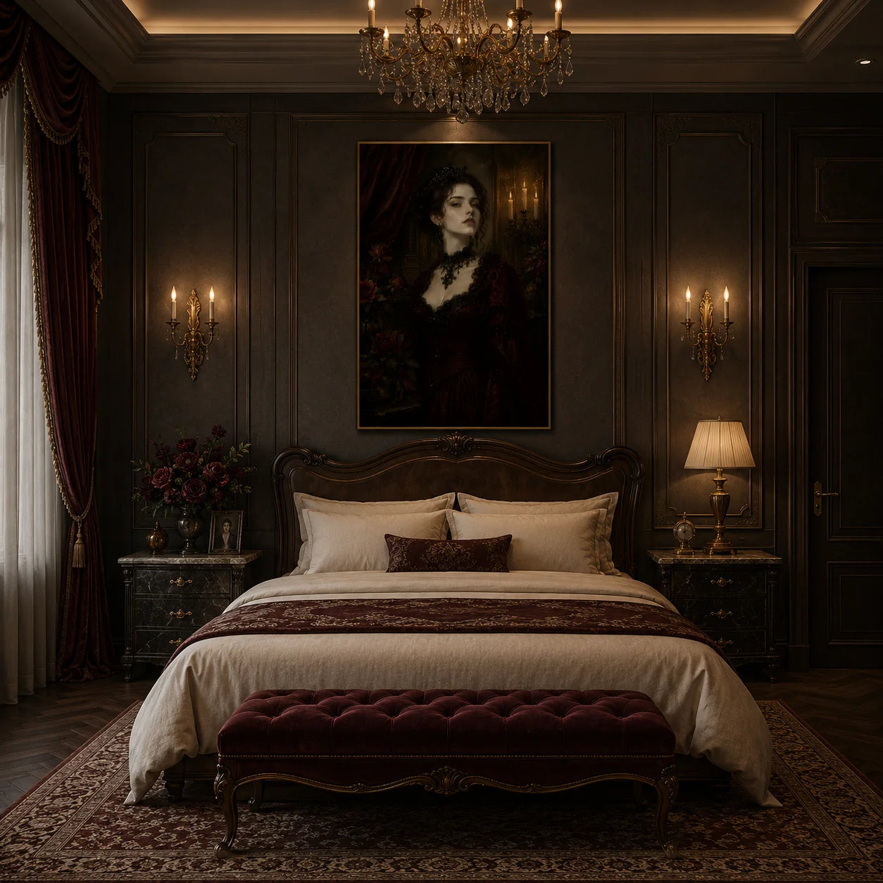 Ownanart Vintage Victorian Gothic Woman Portrait Hand-Painted Oil Painting – Candlelit Burgundy Dress Dark Romantic Vertical Wall Art # OA 1295