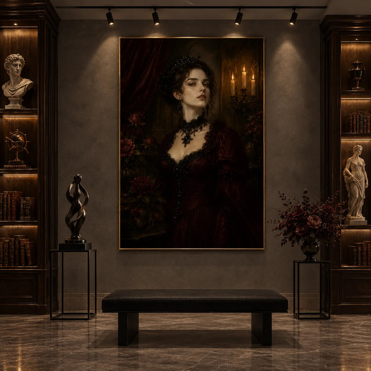 Ownanart Vintage Victorian Gothic Woman Portrait Hand-Painted Oil Painting – Candlelit Burgundy Dress Dark Romantic Vertical Wall Art # OA 1295