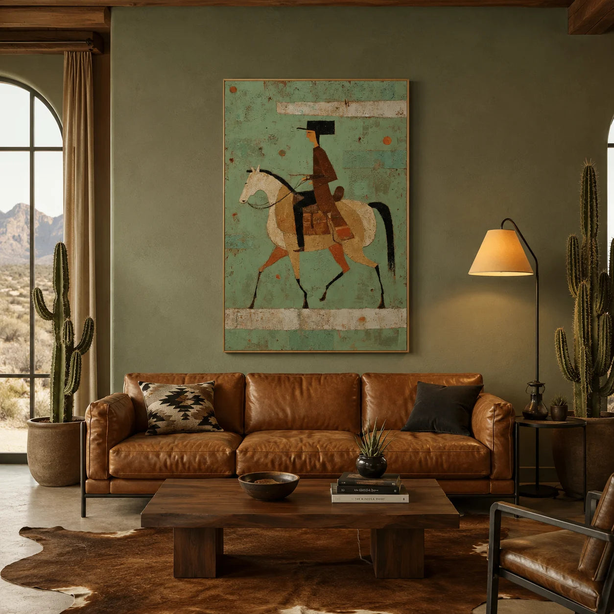 Vintage Western Rider on Horse Hand-Painted Oil Painting | Mint Green Minimalist Equestrian Wall Art for Modern Home Decor