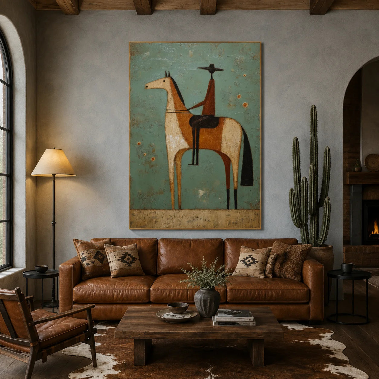 Vintage Western Rider on Horse Hand-Painted Oil Painting | Mint Green Minimalist Geometric Equestrian Wall Art for Modern Home Decor