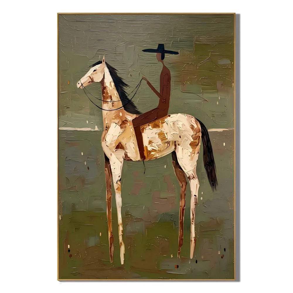 Vintage Western Rider on Horse Hand-Painted Oil Painting | Olive Green Textured Minimalist Equestrian Wall Art for Modern Interiors
