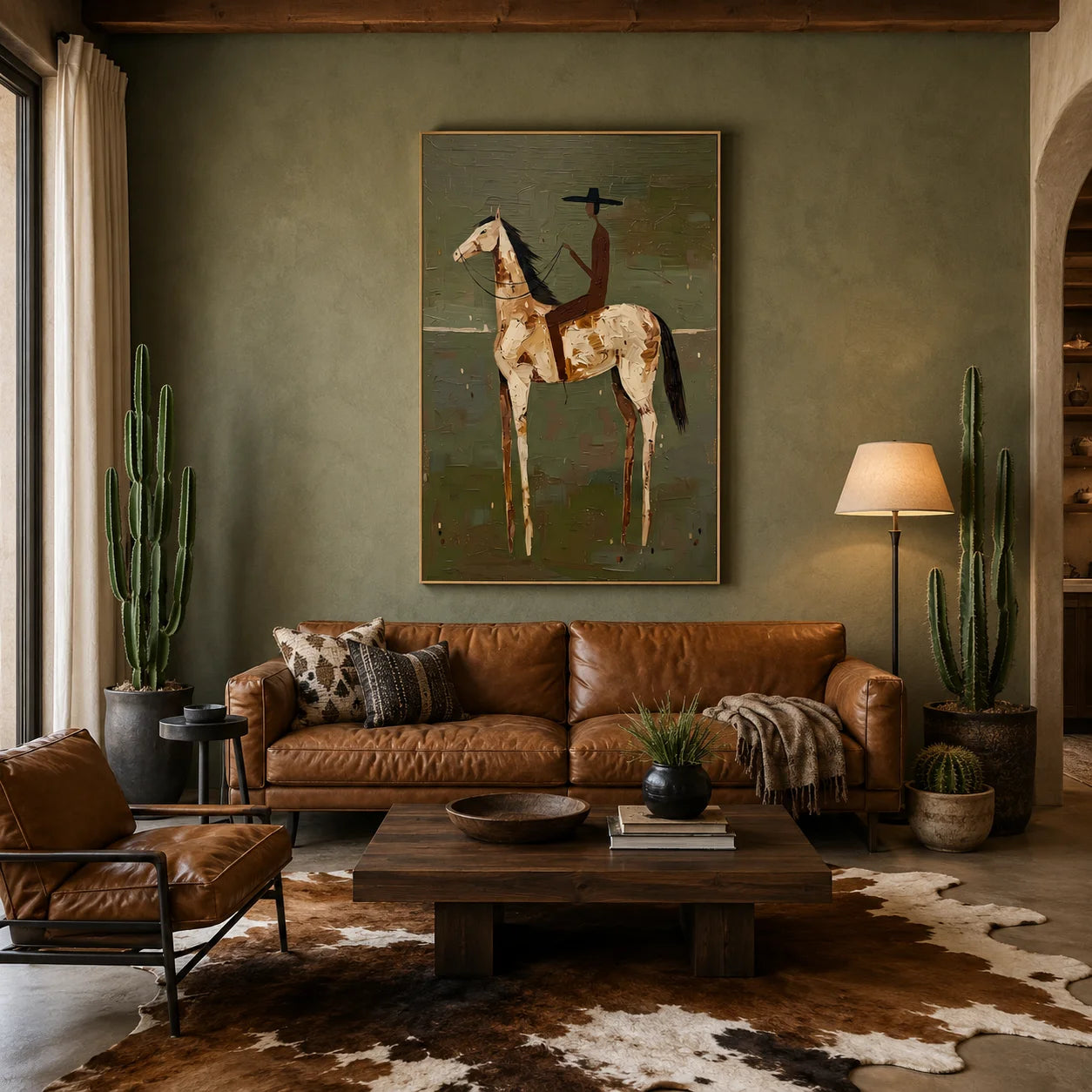 Vintage Western Rider on Horse Hand-Painted Oil Painting | Olive Green Textured Minimalist Equestrian Wall Art for Modern Interiors