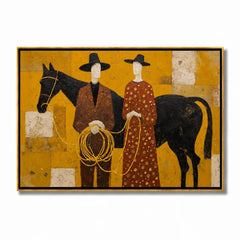 Western Couple with Black Horse Hand-Painted Oil Painting, Mustard Yellow Figurative Canvas Wall Art for Luxury Home Decor#OA 0950