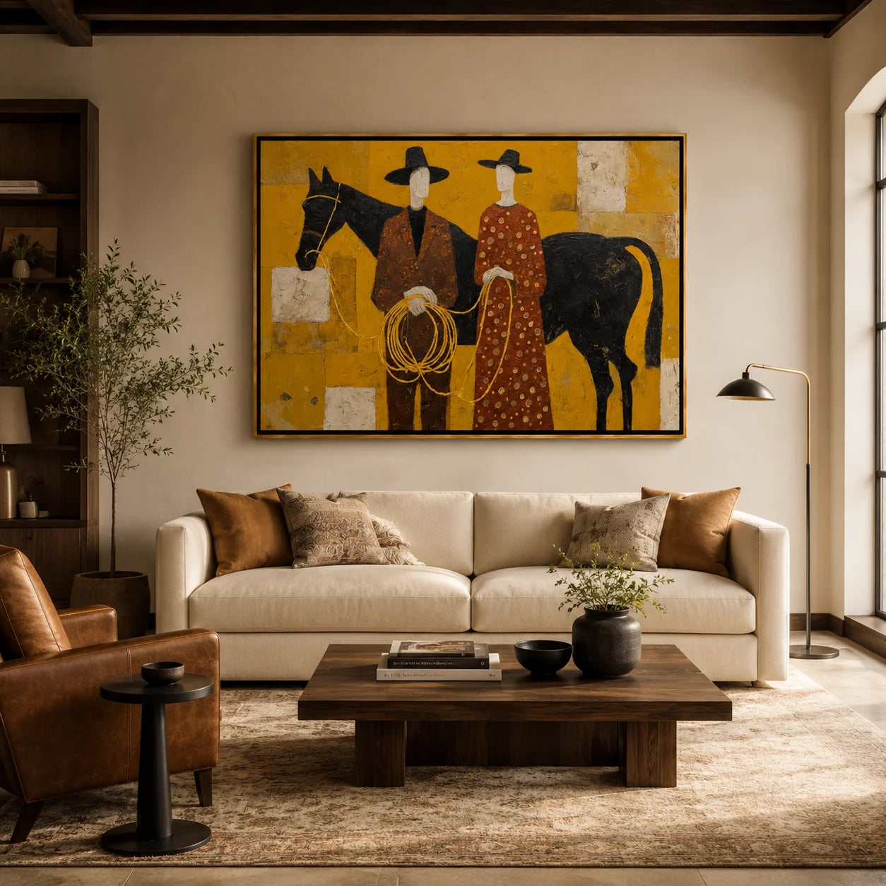 Western Couple with Black Horse Hand-Painted Oil Painting, Mustard Yellow Figurative Canvas Wall Art for Luxury Home Decor#OA 0950