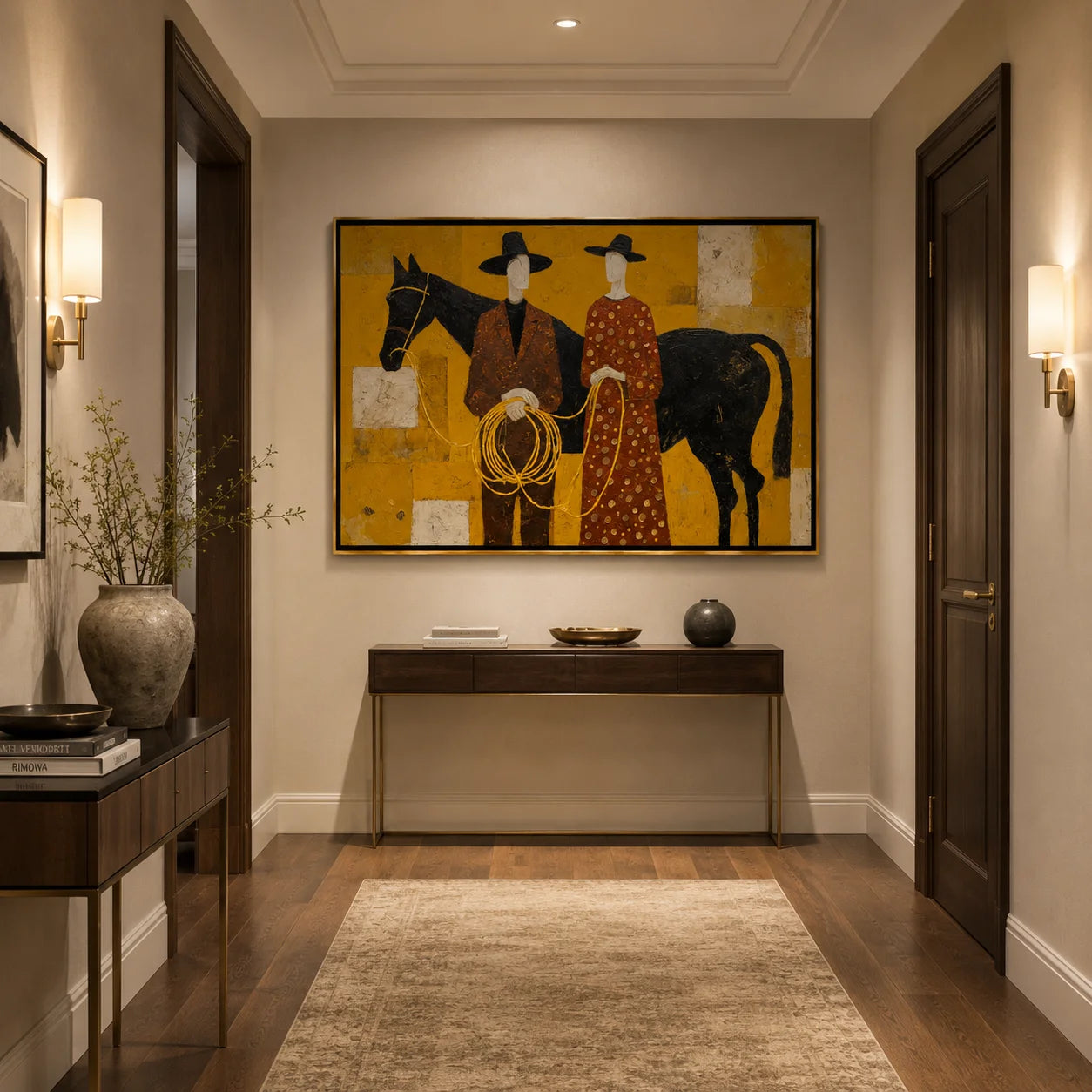 Western Couple with Black Horse Hand-Painted Oil Painting, Mustard Yellow Figurative Canvas Wall Art for Luxury Home Decor#OA 0950