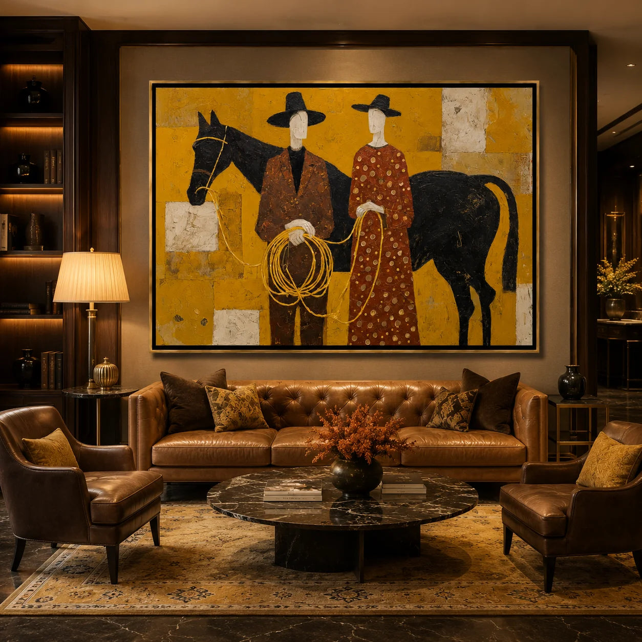 Western Couple with Black Horse Hand-Painted Oil Painting, Mustard Yellow Figurative Canvas Wall Art for Luxury Home Decor#OA 0950