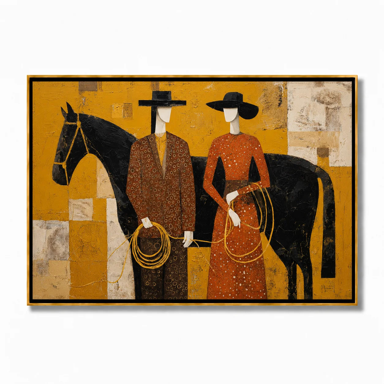 Western Couple with Black Horse Hand-Painted Oil Painting, Mustard Yellow Figurative Canvas Wall Art for Modern Luxury Decor#OA 0951