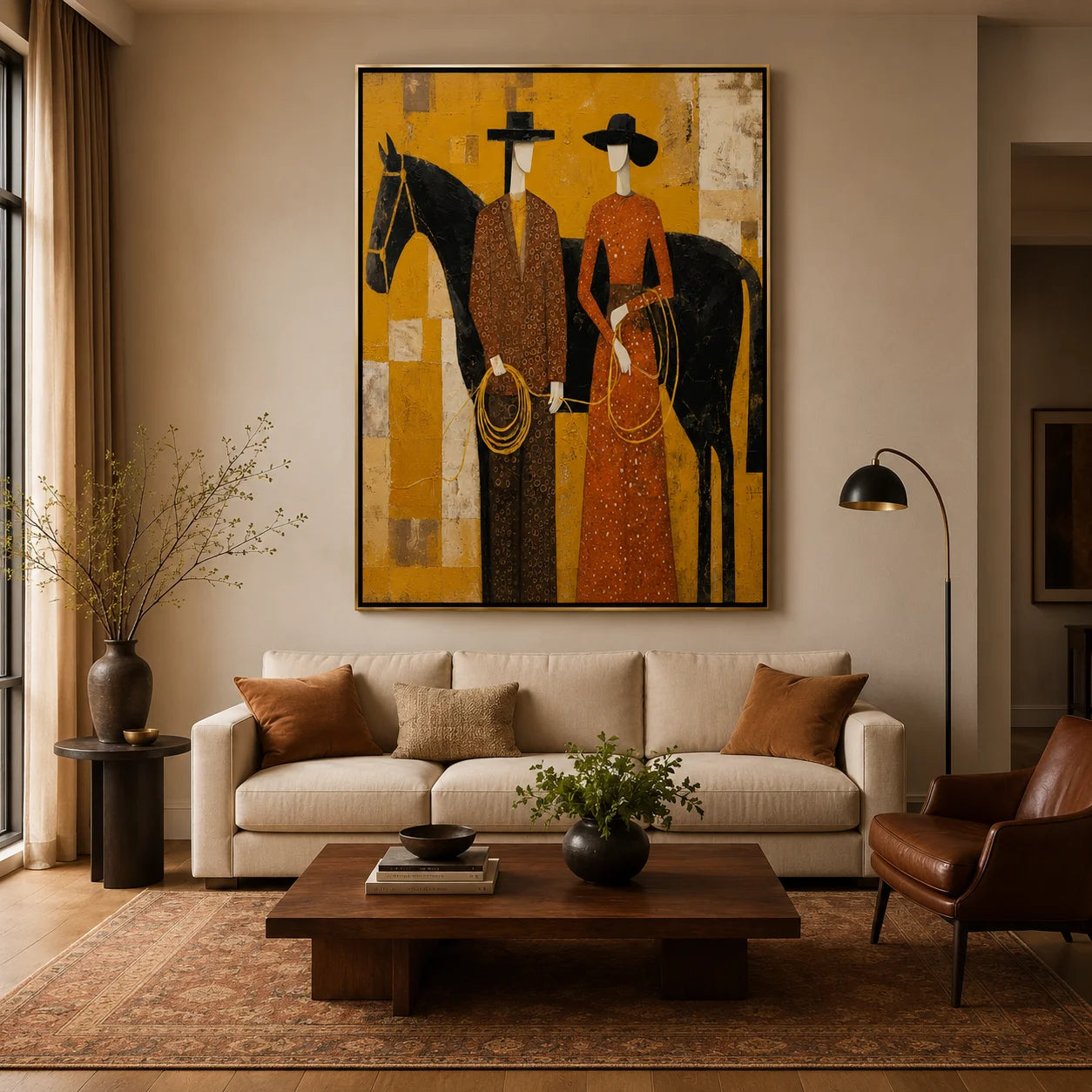 Western Couple with Black Horse Hand-Painted Oil Painting, Mustard Yellow Figurative Canvas Wall Art for Modern Luxury Decor#OA 0951