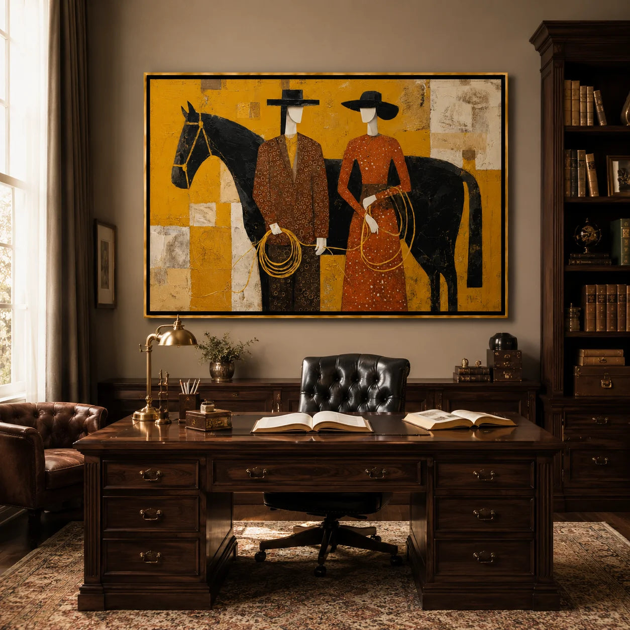 Western Couple with Black Horse Hand-Painted Oil Painting, Mustard Yellow Figurative Canvas Wall Art for Modern Luxury Decor