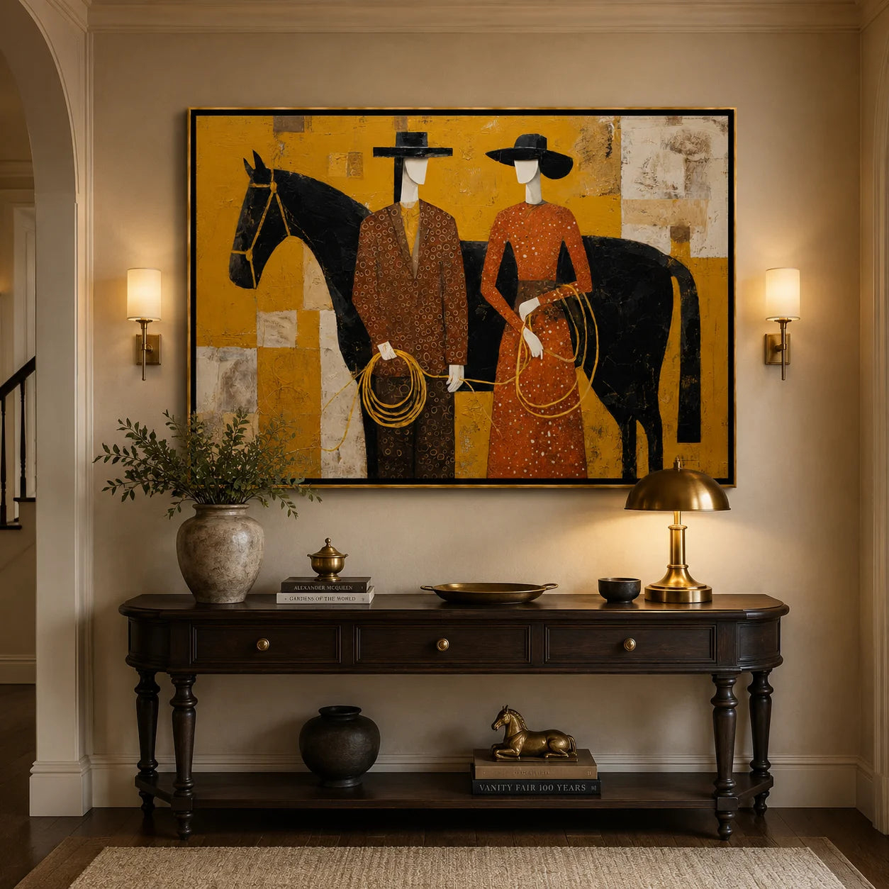 Western Couple with Black Horse Hand-Painted Oil Painting, Mustard Yellow Figurative Canvas Wall Art for Modern Luxury Decor#OA 0951