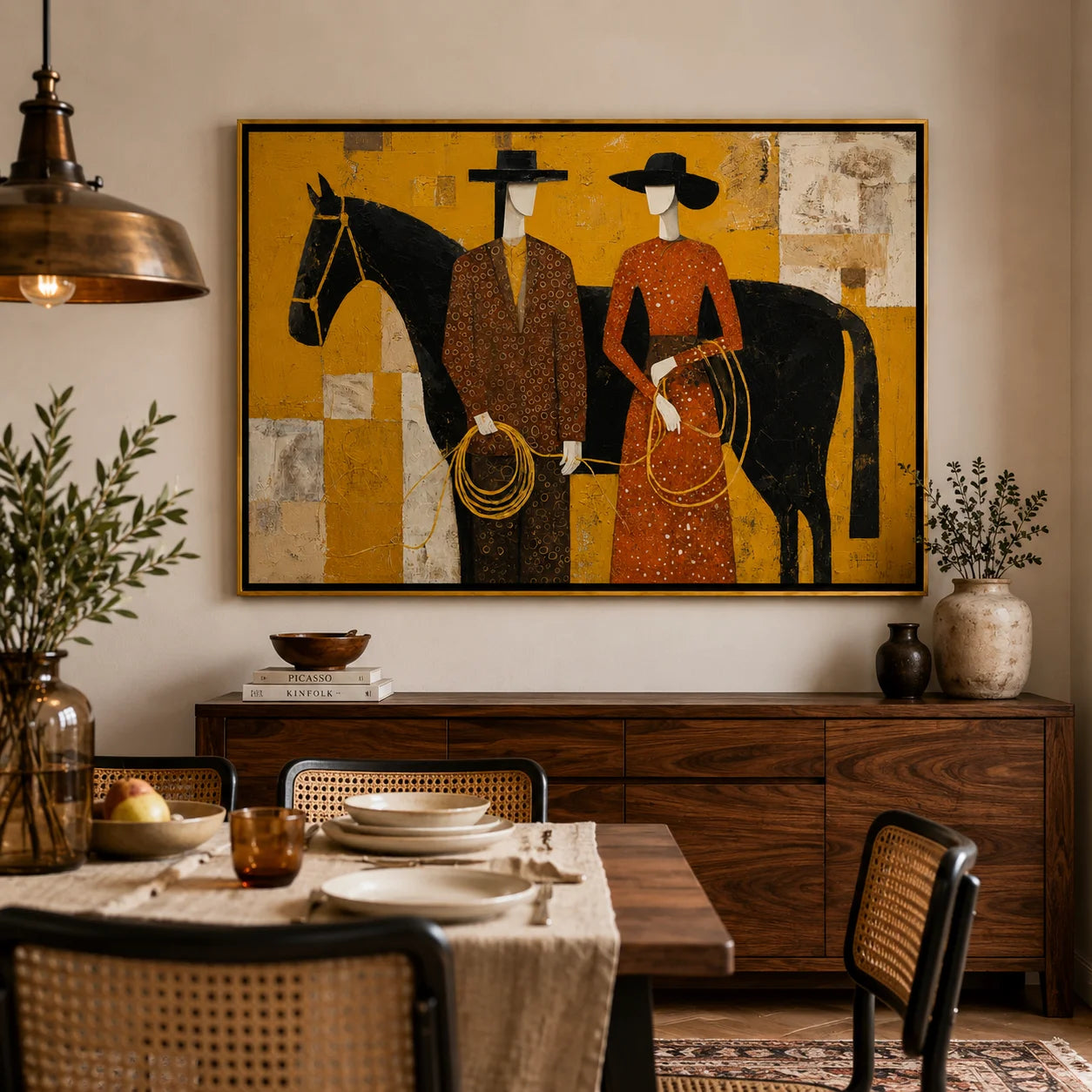 Western Couple with Black Horse Hand-Painted Oil Painting, Mustard Yellow Figurative Canvas Wall Art for Modern Luxury Decor