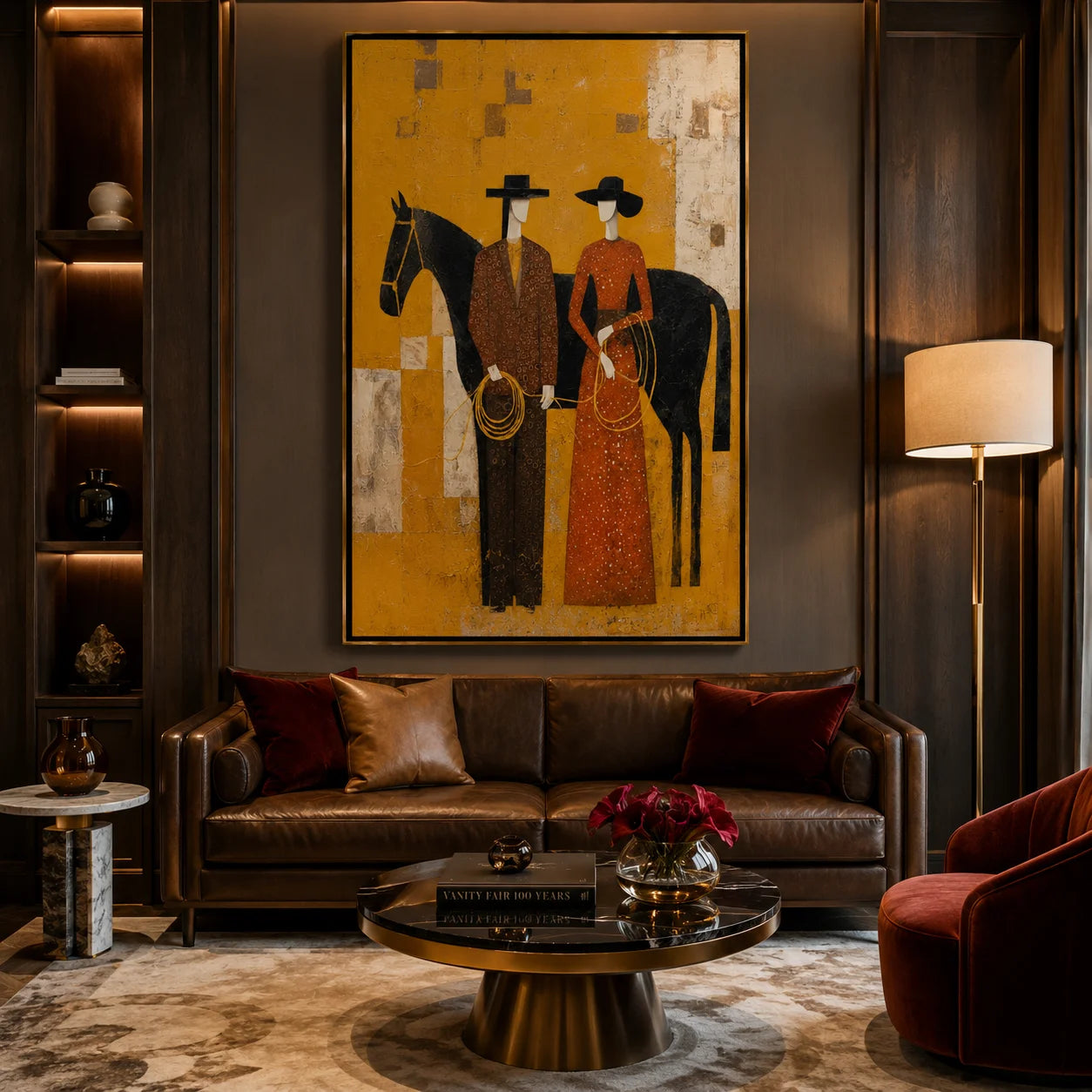Western Couple with Black Horse Hand-Painted Oil Painting, Mustard Yellow Figurative Canvas Wall Art for Modern Luxury Decor#OA 0951