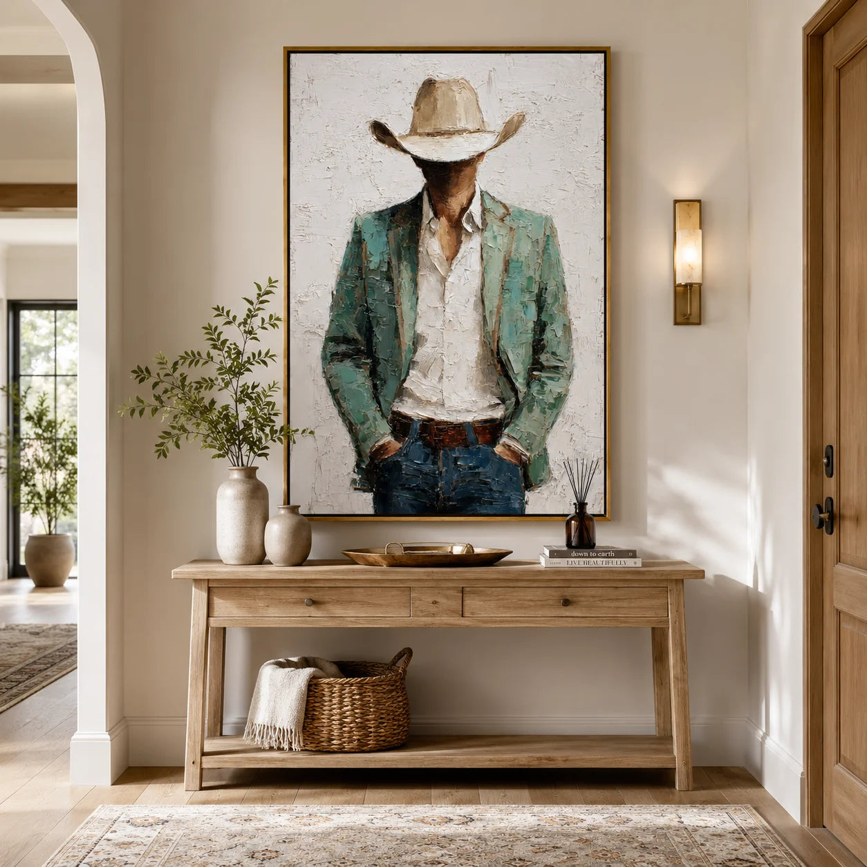 Western Cowboy Portrait Hand-Painted Oil Painting, Textured Cowboy Wall Art for Living Room Decor#OA 0957