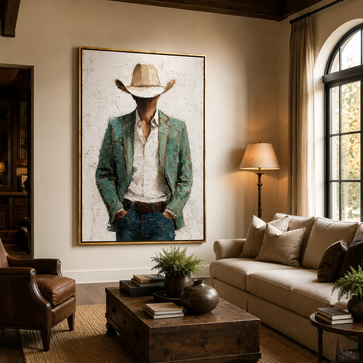 Western Cowboy Portrait Hand-Painted Oil Painting, Textured Cowboy Wall Art for Living Room Decor#OA 0957