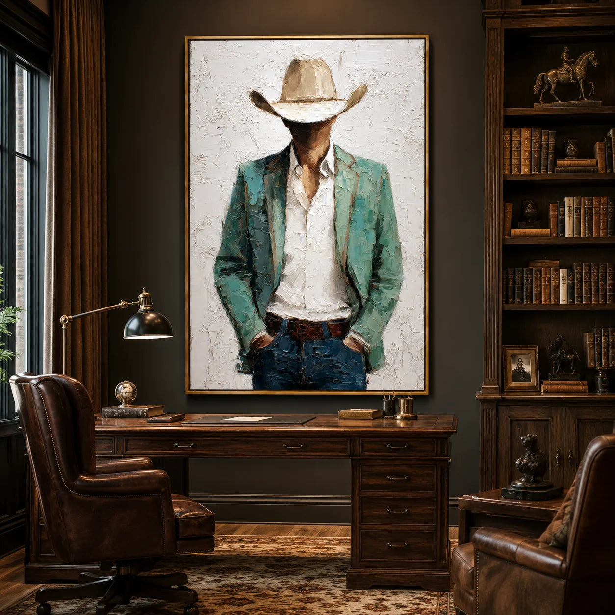 Western Cowboy Portrait Hand-Painted Oil Painting, Textured Cowboy Wall Art for Living Room Decor#OA 0957
