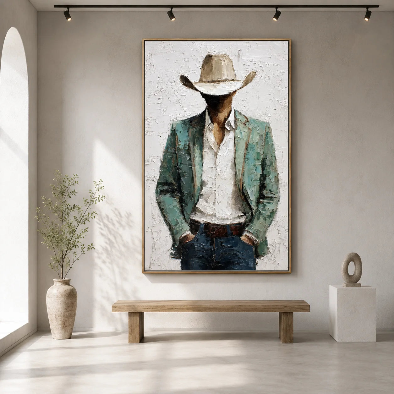 Western Cowboy Portrait Hand-Painted Oil Painting, Textured Cowboy Wall Art for Living Room Decor#OA 0957