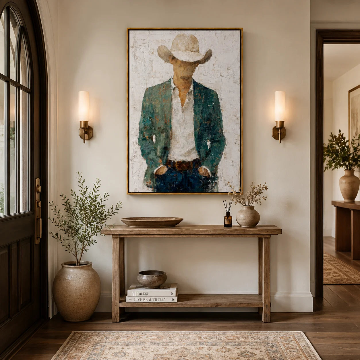 Western Cowboy Portrait Hand-Painted Oil Painting, Textured Cowboy Wall Art for Rustic Modern Home Decor#OA 0958