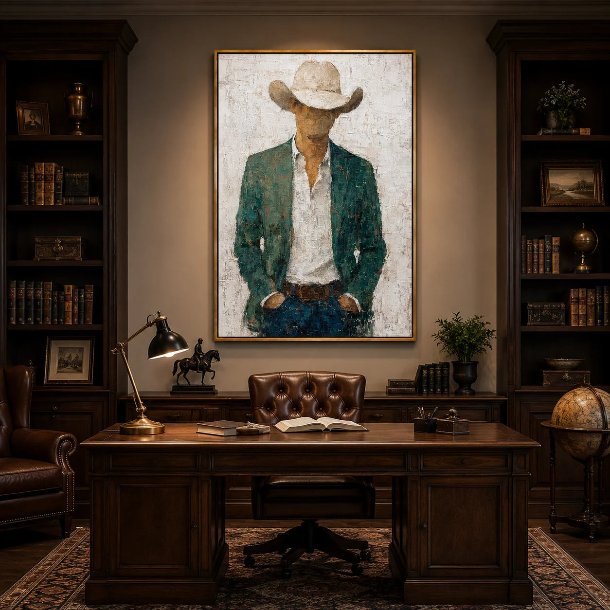 Western Cowboy Portrait Hand-Painted Oil Painting, Textured Cowboy Wall Art for Rustic Modern Home Decor#OA 0958