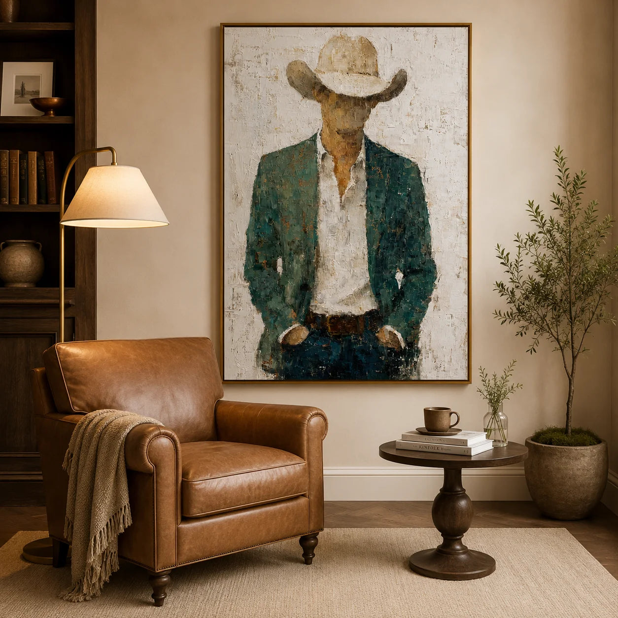 Western Cowboy Portrait Hand-Painted Oil Painting, Textured Cowboy Wall Art for Rustic Modern Home Decor#OA 0958