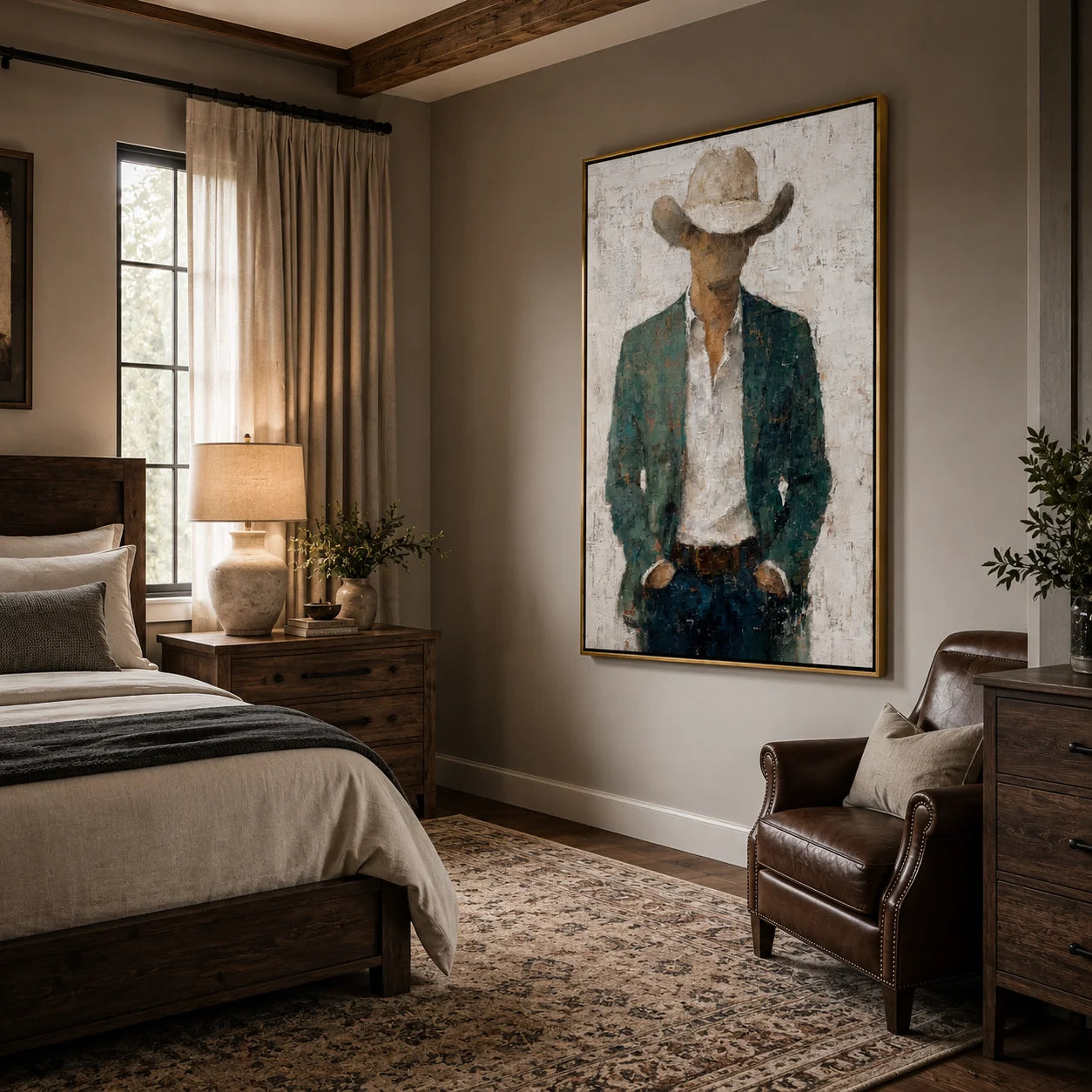 Western Cowboy Portrait Hand-Painted Oil Painting, Textured Cowboy Wall Art for Rustic Modern Home Decor#OA 0958