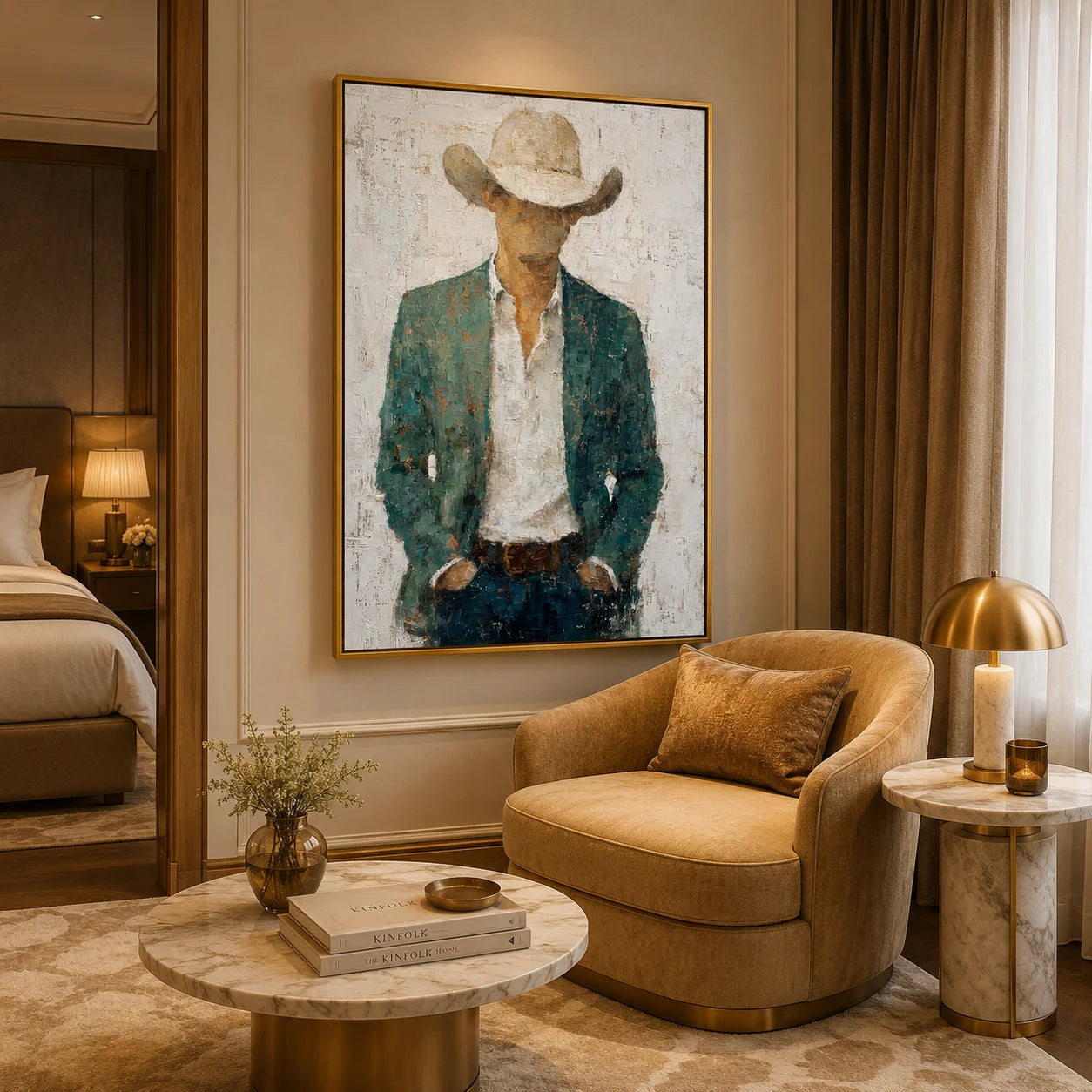 Western Cowboy Portrait Hand-Painted Oil Painting, Textured Cowboy Wall Art for Rustic Modern Home Decor#OA 0958