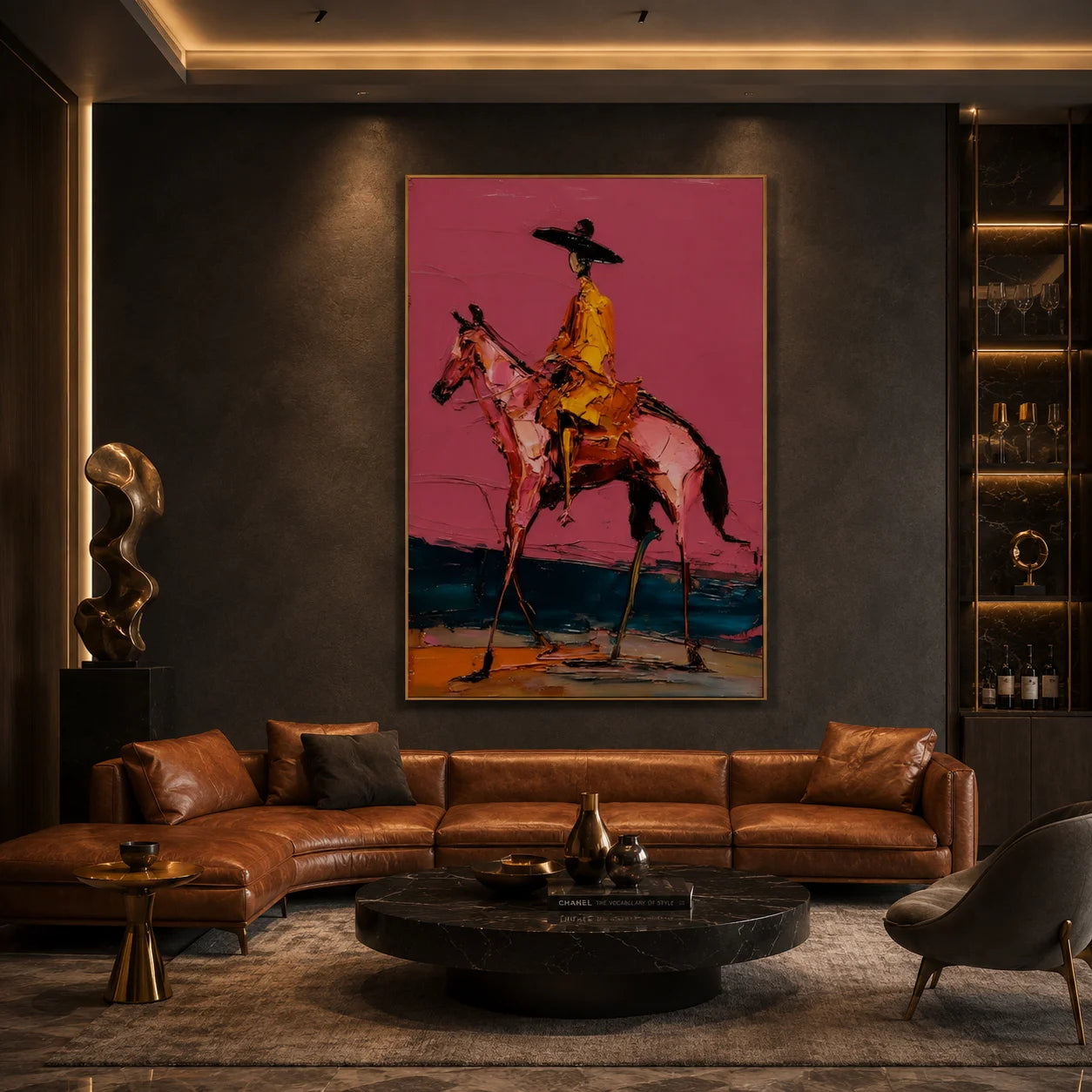Western Cowboy on Horse Hand-Painted Oil Painting | Magenta Textured Equestrian Wall Art for Modern Home Decor # OA 1116