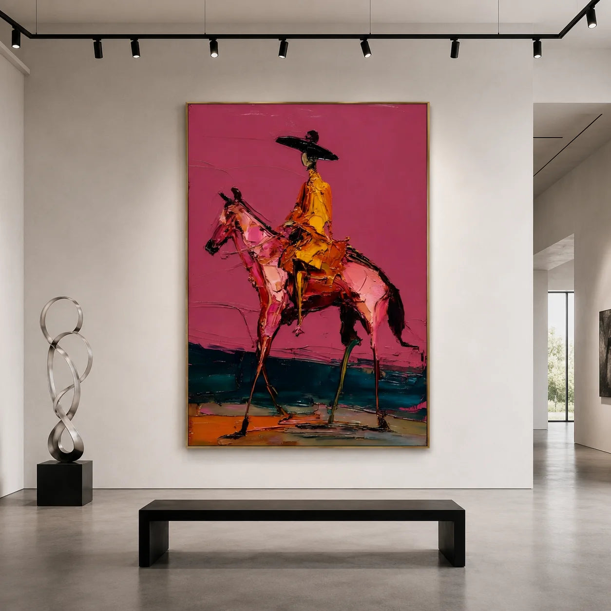 Western Cowboy on Horse Hand-Painted Oil Painting | Magenta Textured Equestrian Wall Art for Modern Home Decor # OA 1116