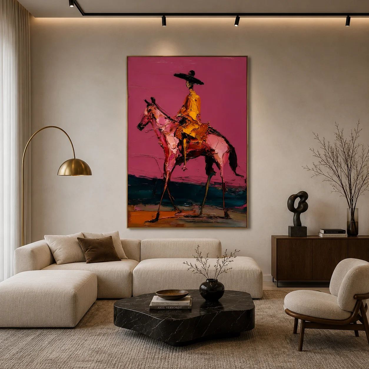 Western Cowboy on Horse Hand-Painted Oil Painting | Magenta Textured Equestrian Wall Art for Modern Home Decor # OA 1116