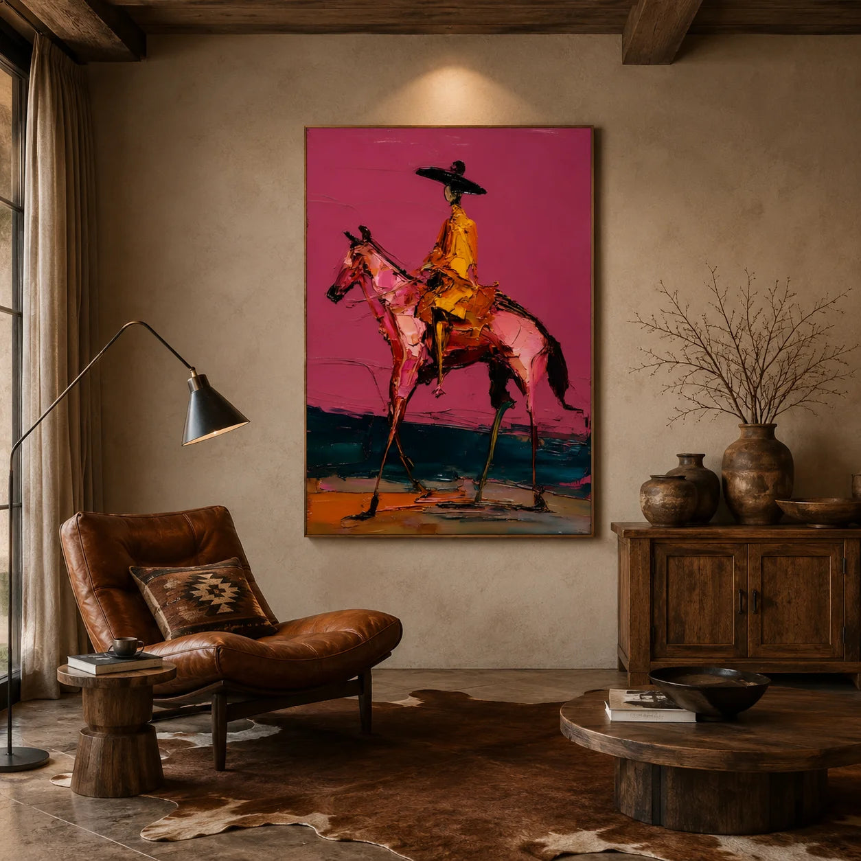 Western Cowboy on Horse Hand-Painted Oil Painting | Magenta Textured Equestrian Wall Art for Modern Home Decor # OA 1116