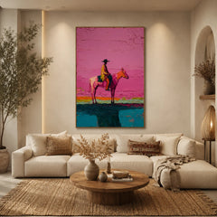 Western Cowboy on Horse Hand-Painted Oil Painting | Pink Textured Equestrian Wall Art for Modern Living Room and Entryway # OA 1120