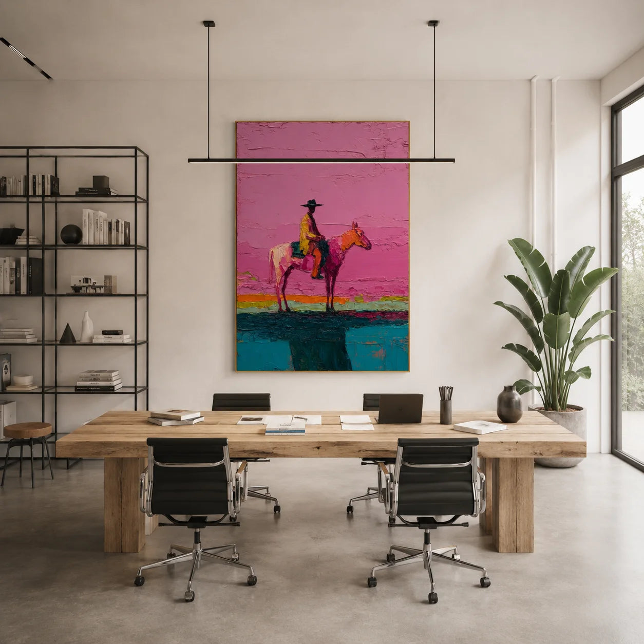Western Cowboy on Horse Hand-Painted Oil Painting | Pink Textured Equestrian Wall Art for Modern Living Room and Entryway