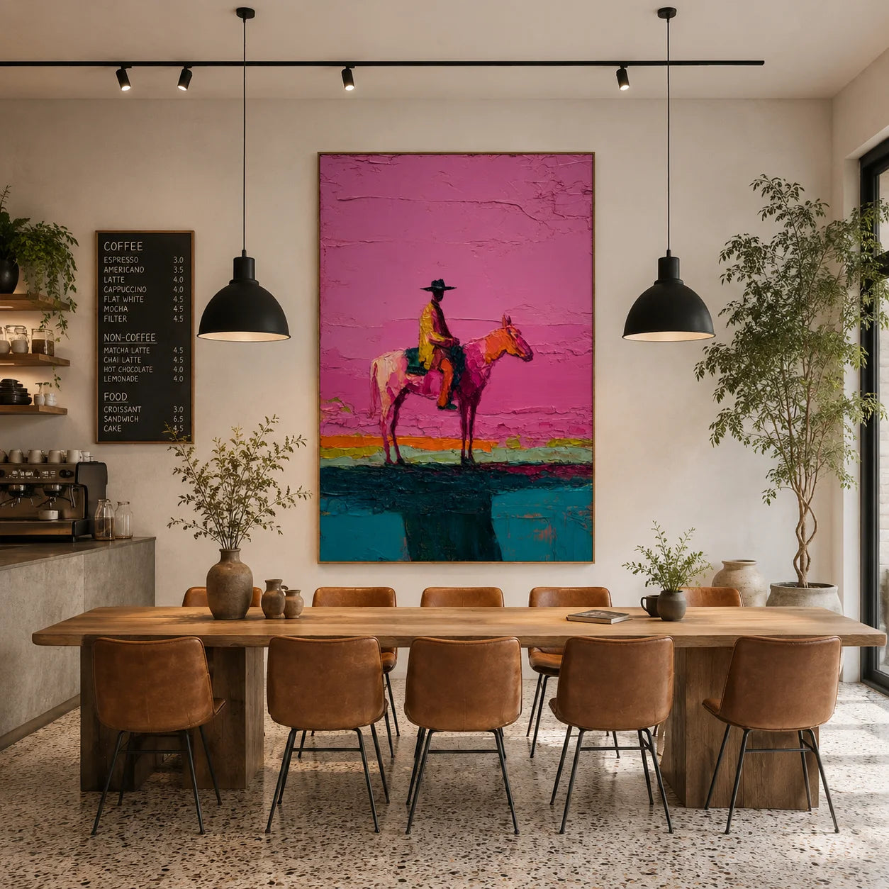 Western Cowboy on Horse Hand-Painted Oil Painting | Pink Textured Equestrian Wall Art for Modern Living Room and Entryway