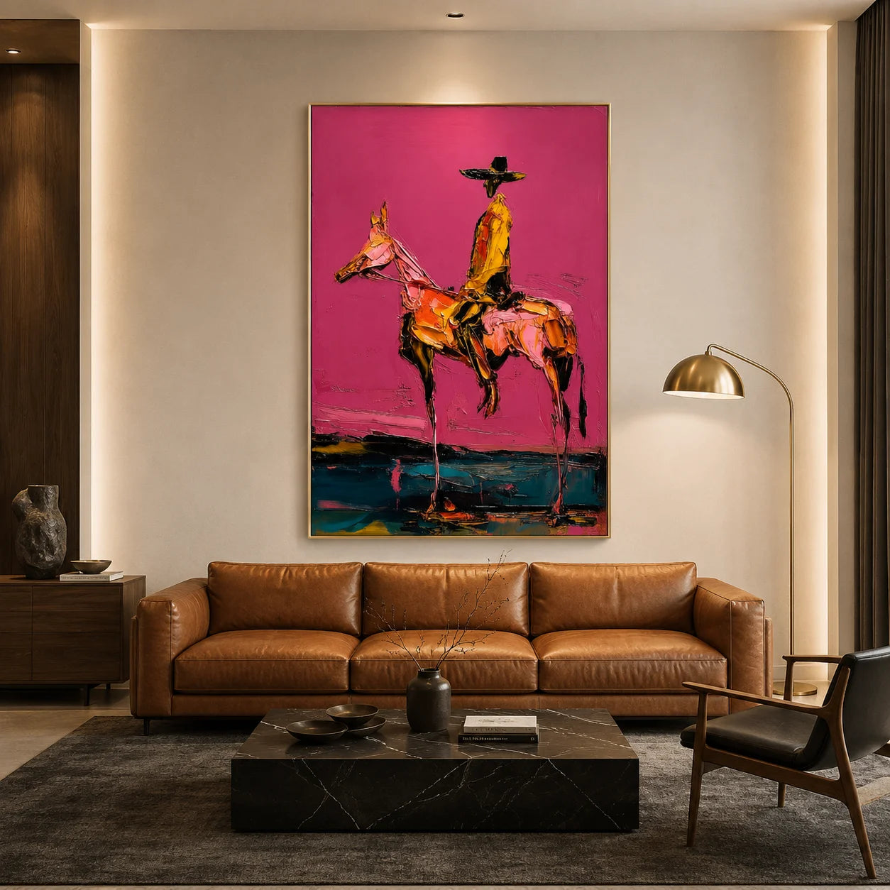 Western Cowboy on Horse Hand-Painted Oil Painting | Pink Textured Figurative Wall Art for Modern Home Decor # OA 1115
