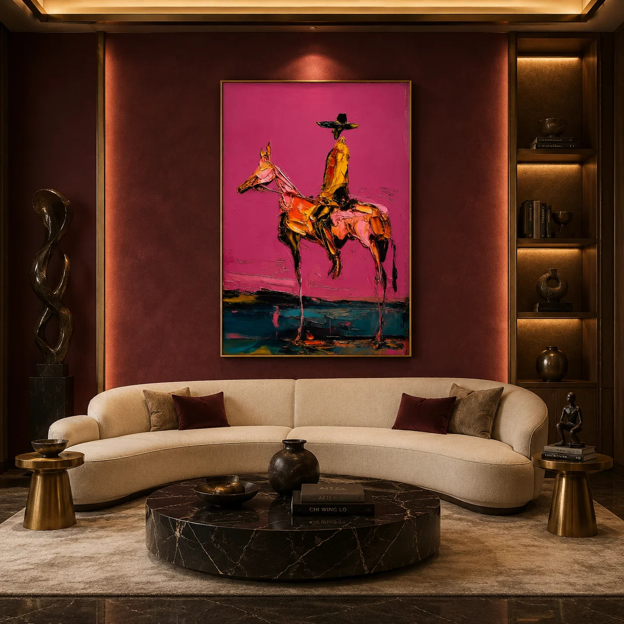 Western Cowboy on Horse Hand-Painted Oil Painting | Pink Textured Figurative Wall Art for Modern Home Decor # OA 1115