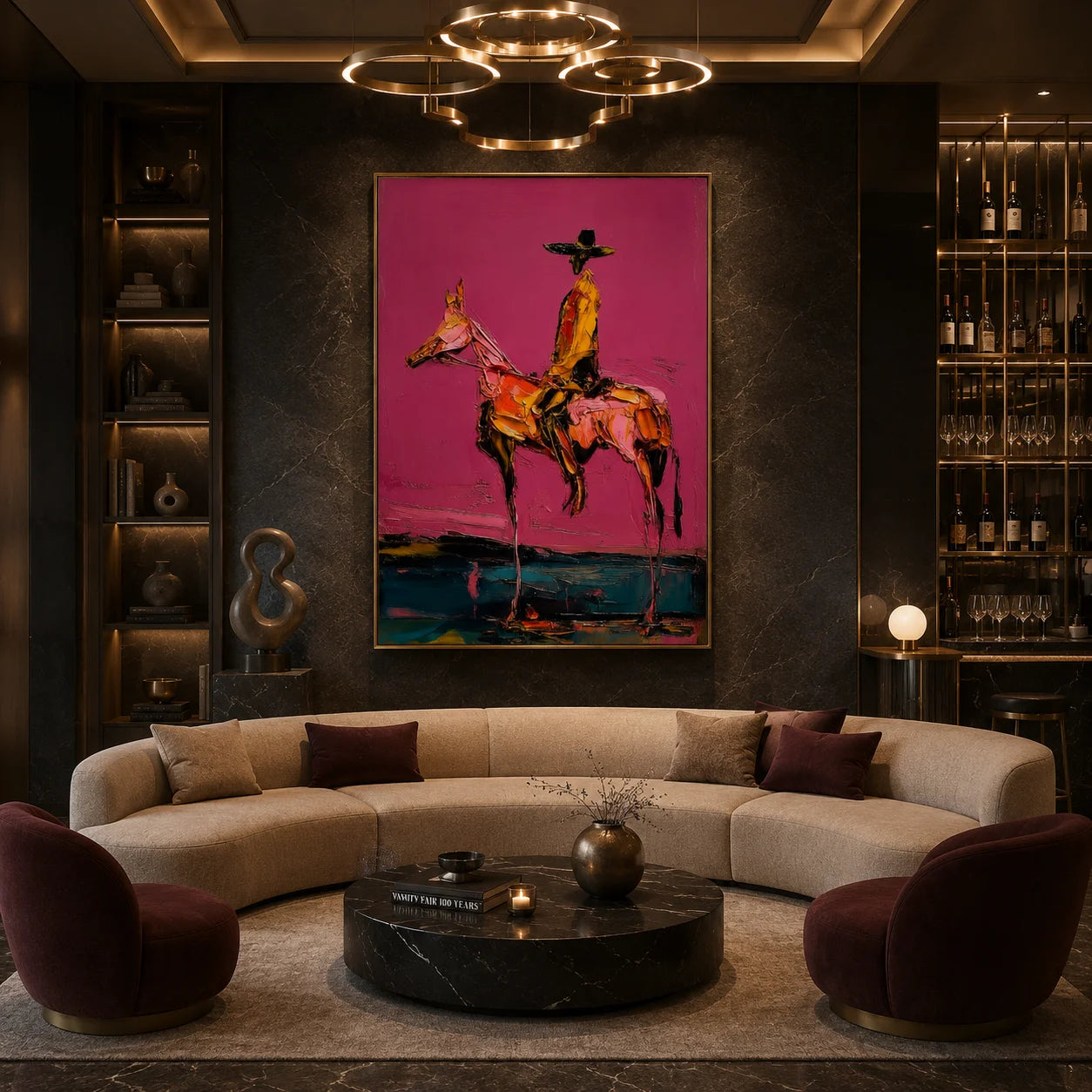 Western Cowboy on Horse Hand-Painted Oil Painting | Pink Textured Figurative Wall Art for Modern Home Decor # OA 1115