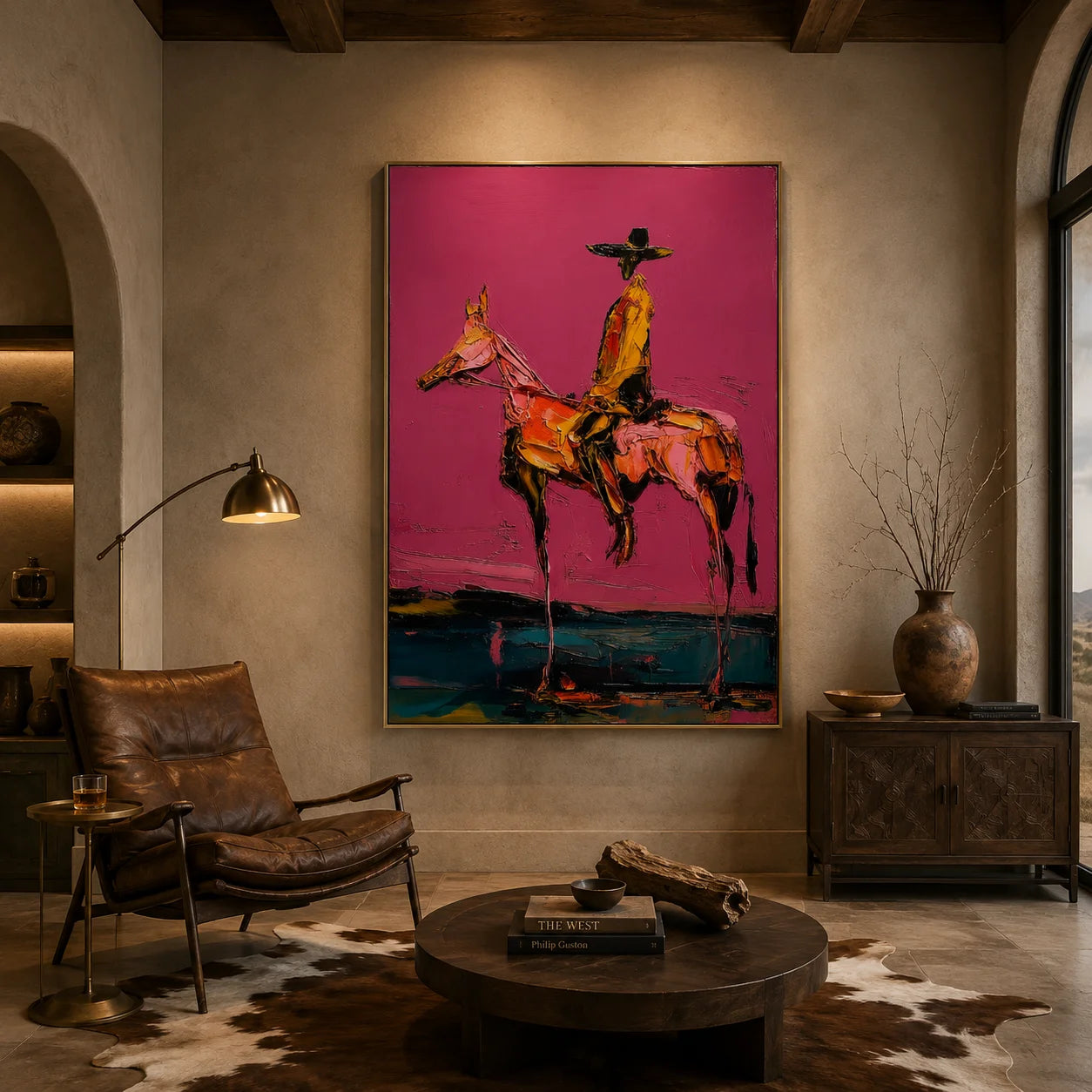 Western Cowboy on Horse Hand-Painted Oil Painting | Pink Textured Figurative Wall Art for Modern Home Decor # OA 1115