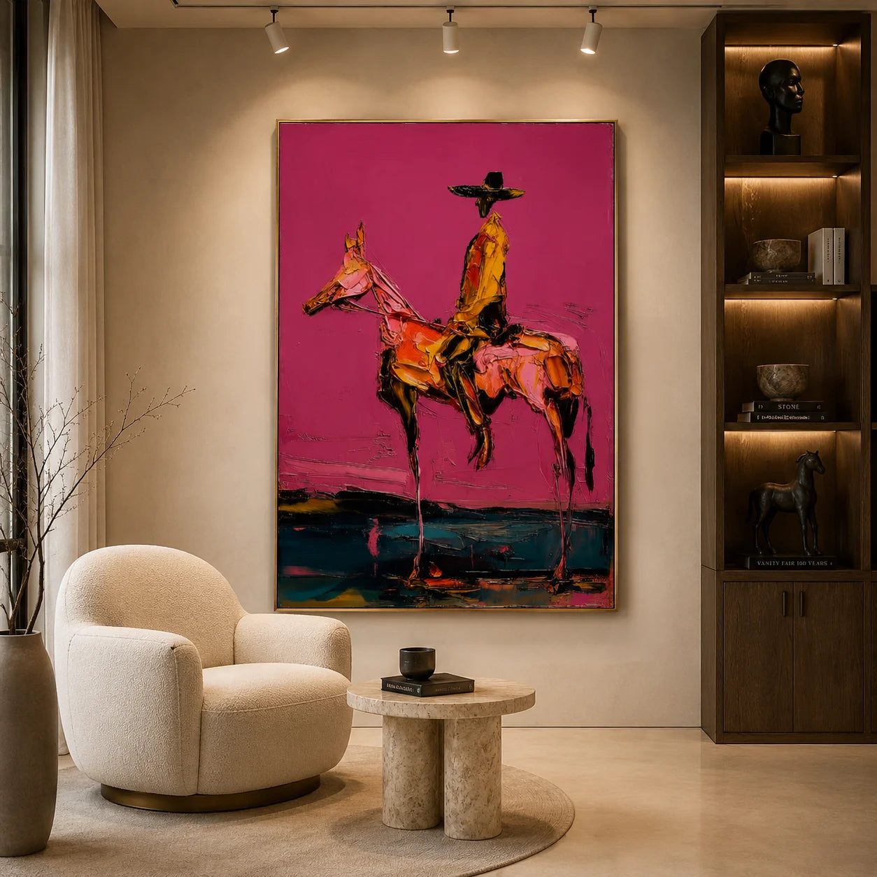 Western Cowboy on Horse Hand-Painted Oil Painting | Pink Textured Figurative Wall Art for Modern Home Decor # OA 1115