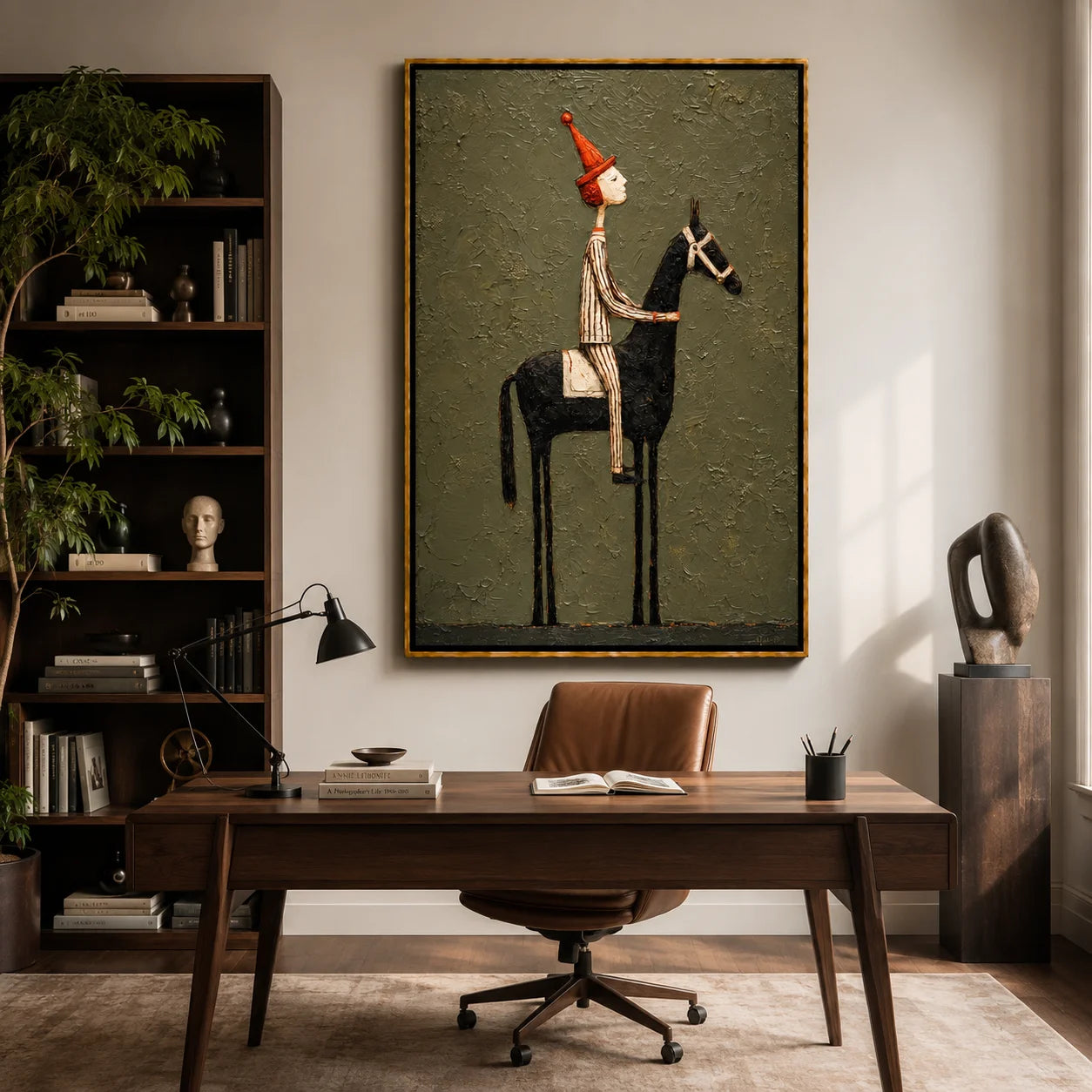Whimsical Equestrian Hand-Painted Oil Painting, Textured Horse Rider Wall Art for Modern Eclectic Decor#OA 0987
