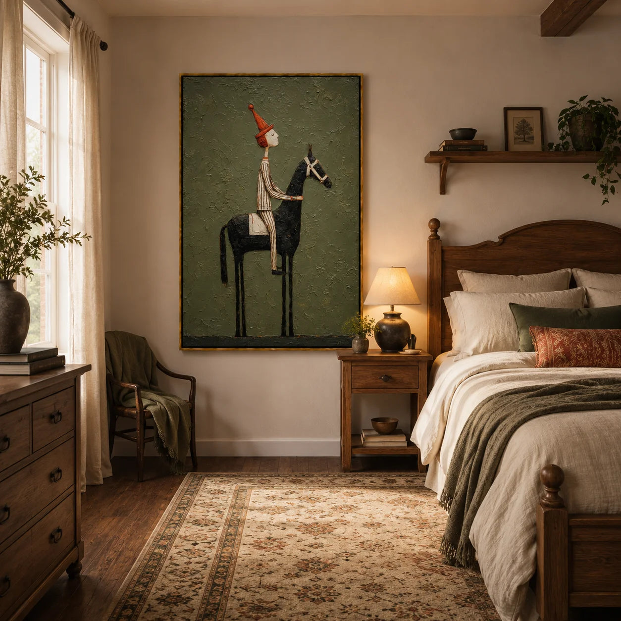 Whimsical Equestrian Hand-Painted Oil Painting, Textured Horse Rider Wall Art for Modern Eclectic Decor#OA 0987