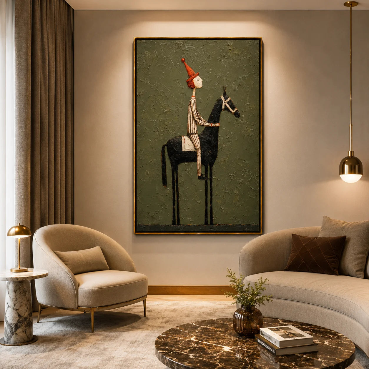Whimsical Equestrian Hand-Painted Oil Painting, Textured Horse Rider Wall Art for Modern Eclectic Decor#OA 0987