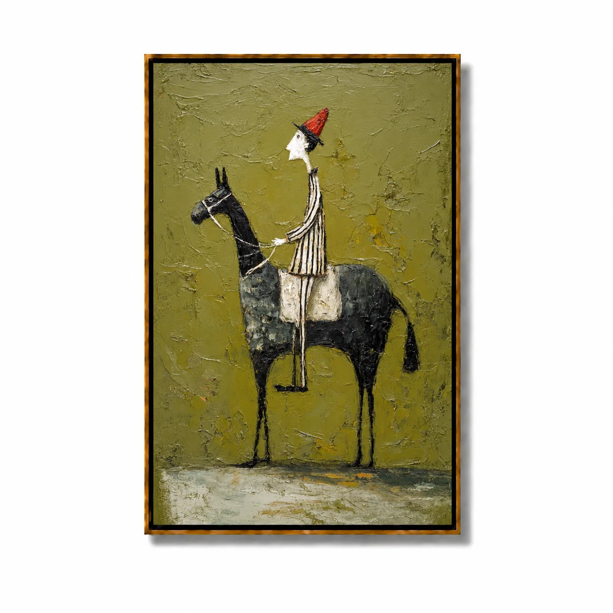 Whimsical Horse Rider Hand-Painted Oil Painting, Textured Green Wall Art for Eclectic Home Decor#OA 0986